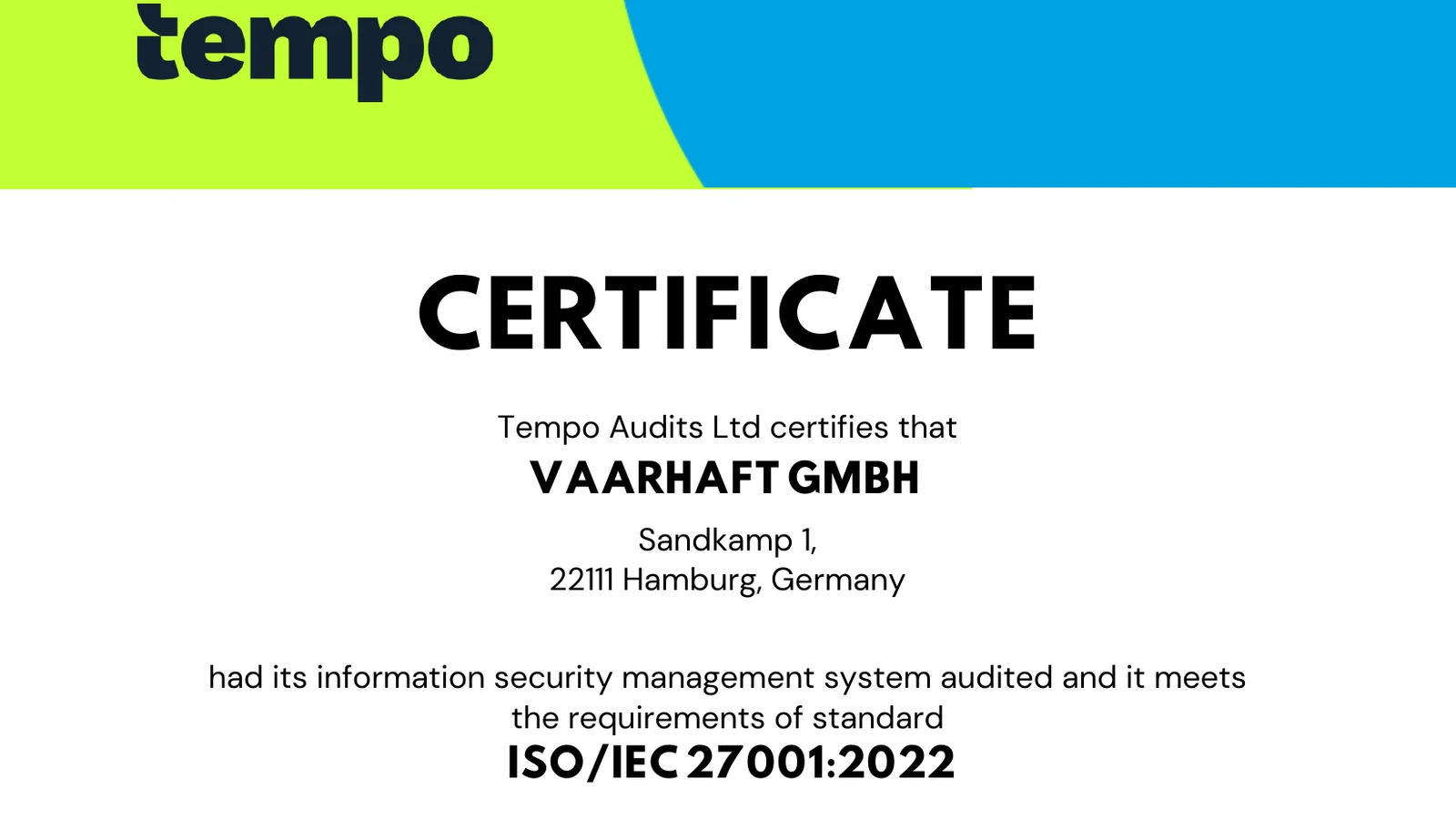 VAARHAFT is now ISO 27001 certified